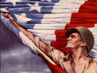 A soldier hold an American flag.