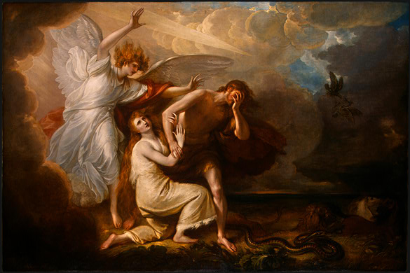 West shows the angel pushing Adam and Eve from the garden of Eden. Adam has his hand over his face, but a downturned corner of his mouth is visible conveying a sense of mortification. Eve is holding his arm but has fallen to one knee. She is staring upwards as though in shock and has apparently been weeping.