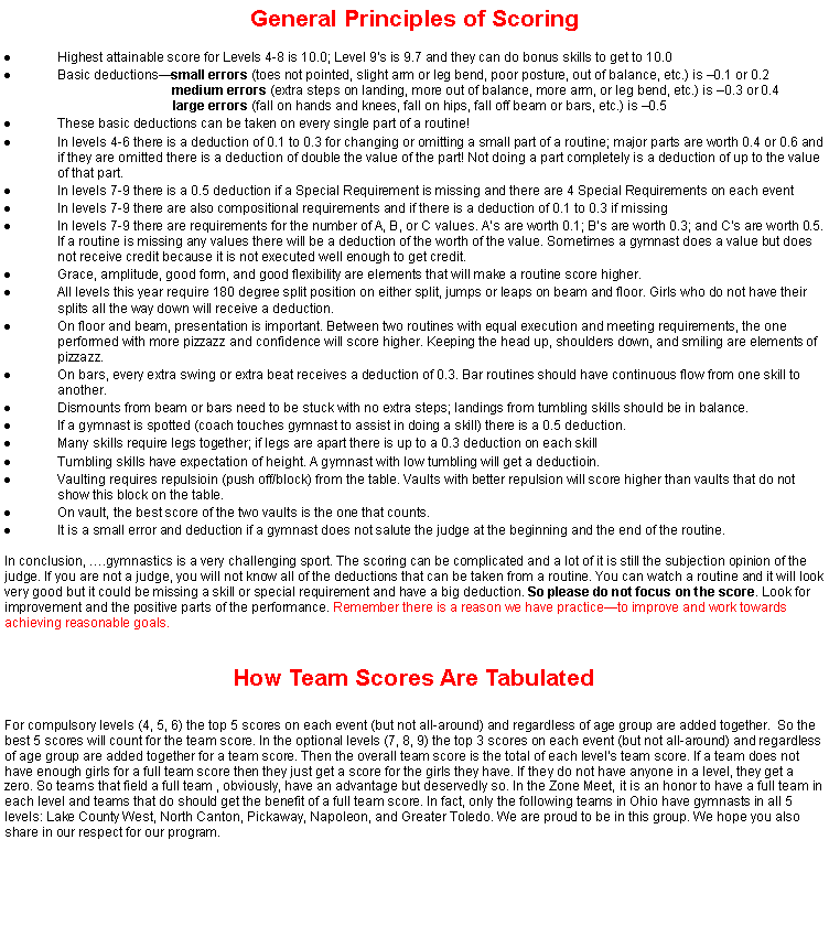 Text Box: General Principles of ScoringHighest attainable score for Levels 4-8 is 10.0; Level 9s is 9.7 and they can do bonus skills to get to 10.0Basic deductionssmall errors (toes not pointed, slight arm or leg bend, poor posture, out of balance, etc.) is 0.1 or 0.2                                              medium errors (extra steps on landing, more out of balance, more arm, or leg bend, etc.) is 0.3 or 0.4			   large errors (fall on hands and knees, fall on hips, fall off beam or bars, etc.) is 0.5These basic deductions can be taken on every single part of a routine!In levels 4-6 there is a deduction of 0.1 to 0.3 for changing or omitting a small part of a routine; major parts are worth 0.4 or 0.6 and if they are omitted there is a deduction of double the value of the part! Not doing a part completely is a deduction of up to the value of that part.In levels 7-9 there is a 0.5 deduction if a Special Requirement is missing and there are 4 Special Requirements on each eventIn levels 7-9 there are also compositional requirements and if there is a deduction of 0.1 to 0.3 if missingIn levels 7-9 there are requirements for the number of A, B, or C values. As are worth 0.1; Bs are worth 0.3; and Cs are worth 0.5. If a routine is missing any values there will be a deduction of the worth of the value. Sometimes a gymnast does a value but does not receive credit because it is not executed well enough to get credit.Grace, amplitude, good form, and good flexibility are elements that will make a routine score higher. All levels this year require 180 degree split position on either split, jumps or leaps on beam and floor. Girls who do not have their splits all the way down will receive a deduction.On floor and beam, presentation is important. Between two routines with equal execution and meeting requirements, the one performed with more pizzazz and confidence will score higher. Keeping the head up, shoulders down, and smiling are elements of pizzazz.On bars, every extra swing or extra beat receives a deduction of 0.3. Bar routines should have continuous flow from one skill to another.Dismounts from beam or bars need to be stuck with no extra steps; landings from tumbling skills should be in balance.If a gymnast is spotted (coach touches gymnast to assist in doing a skill) there is a 0.5 deduction.Many skills require legs together; if legs are apart there is up to a 0.3 deduction on each skillTumbling skills have expectation of height. A gymnast with low tumbling will get a deductioin.Vaulting requires repulsioin (push off/block) from the table. Vaults with better repulsion will score higher than vaults that do not show this block on the table.On vault, the best score of the two vaults is the one that counts.It is a small error and deduction if a gymnast does not salute the judge at the beginning and the end of the routine.In conclusion, .gymnastics is a very challenging sport. The scoring can be complicated and a lot of it is still the subjection opinion of the judge. If you are not a judge, you will not know all of the deductions that can be taken from a routine. You can watch a routine and it will look very good but it could be missing a skill or special requirement and have a big deduction. So please do not focus on the score. Look for improvement and the positive parts of the performance. Remember there is a reason we have practiceto improve and work towards achieving reasonable goals.How Team Scores Are TabulatedFor compulsory levels (4, 5, 6) the top 5 scores on each event (but not all-around) and regardless of age group are added together.  So the best 5 scores will count for the team score. In the optional levels (7, 8, 9) the top 3 scores on each event (but not all-around) and regardless of age group are added together for a team score. Then the overall team score is the total of each levels team score. If a team does not have enough girls for a full team score then they just get a score for the girls they have. If they do not have anyone in a level, they get a zero. So teams that field a full team , obviously, have an advantage but deservedly so. In the Zone Meet, it is an honor to have a full team in each level and teams that do should get the benefit of a full team score. In fact, only the following teams in Ohio have gymnasts in all 5 levels: Lake County West, North Canton, Pickaway, Napoleon, and Greater Toledo. We are proud to be in this group. We hope you also share in our respect for our program. 