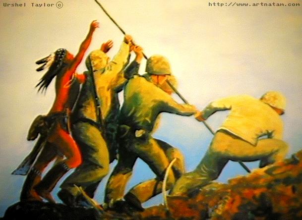 picture of indian helping soldiers with flag