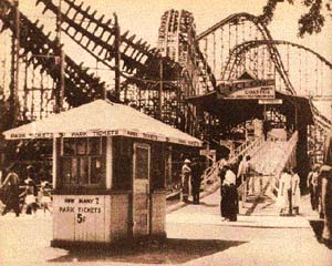 The ticket booth for the roller coaster, with the Cyclone behind.