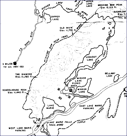 Map of Trails around Lookout Lake and Medicine Bow Peak