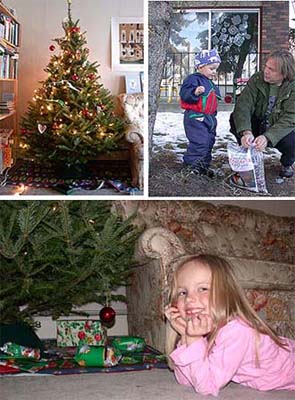 Joulukuusemme, Eelis ja Matti laittavat ruokinnan ja Hilla kuusen alla tekemiens lahjojen kanssa 24.12.-03