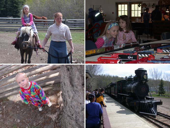 Victoria dayn retki Fort Edmonton parkiin  19.5.03: Hilla ratsastaa, Hilla & Sofia katsomassa pienoisrautatiet, Eelis possuaitauksella ja aluetta kiertv hyryjuna