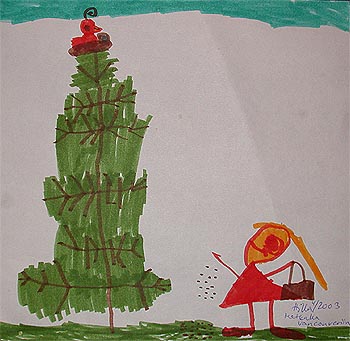 Punarintarastas puussa, Hilla antaa sille jyvi (Hillan piirros 9.4.03)