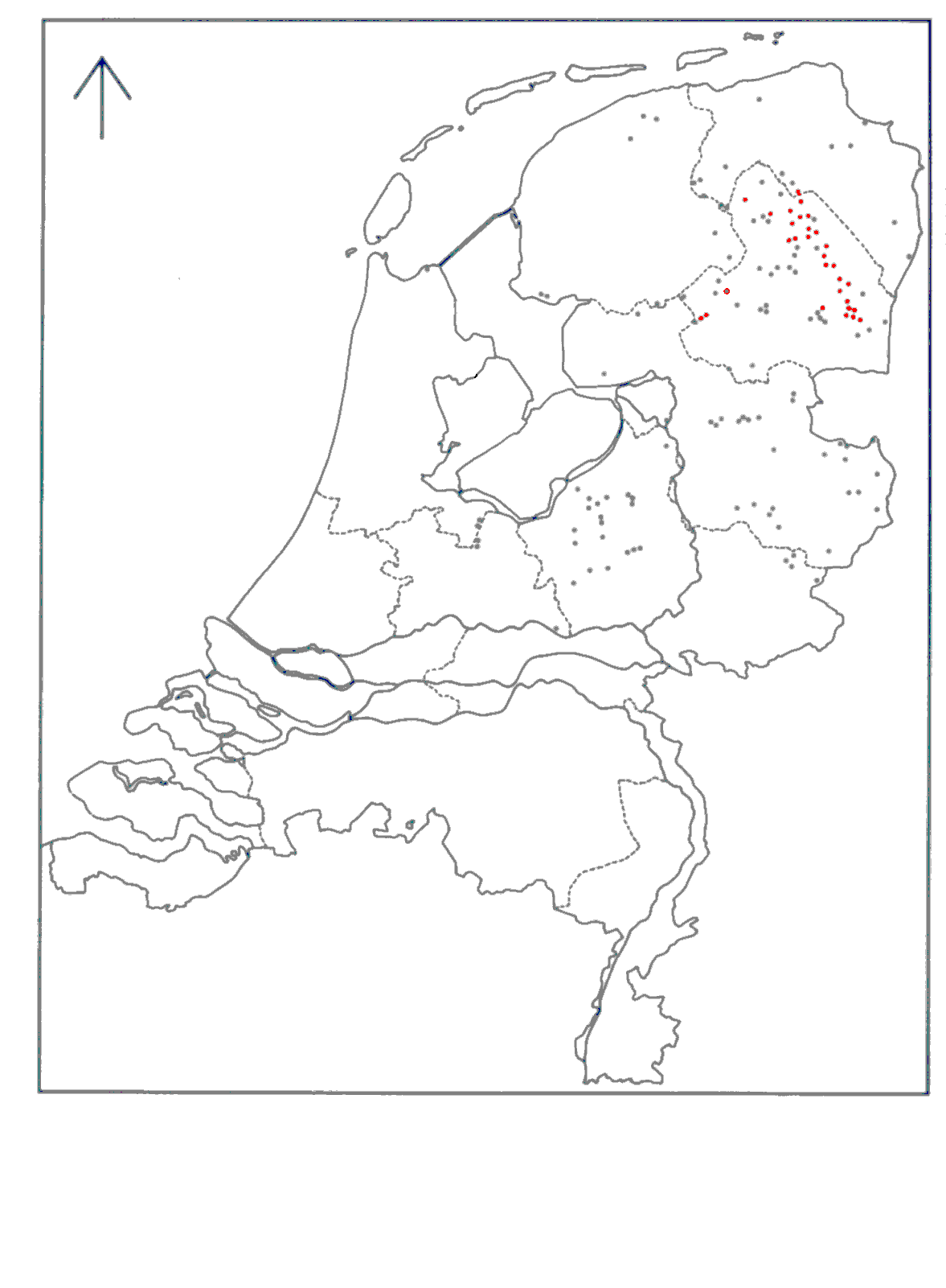 Distribution of the Funnel-Beaker culture in the Netherlands (red dots are megalithic tombs) / Verspreiding van de trechterbeker-cultuur in Nederland (rode stippen zijn hunebedden) / Verbreitung der Trichterbecherkultur in der Niederlande (rote Punkte sind die Grosteingrber) / Distibution de la culture des gobelets en entonnoir aux Pays-Bas (les pointes rouges sont les alles couvertes) / La propagacin geogrfica de la cultura de los vasos de embudo en los Paises Bajos (los puntos rojos estn las tumbas megalticas)