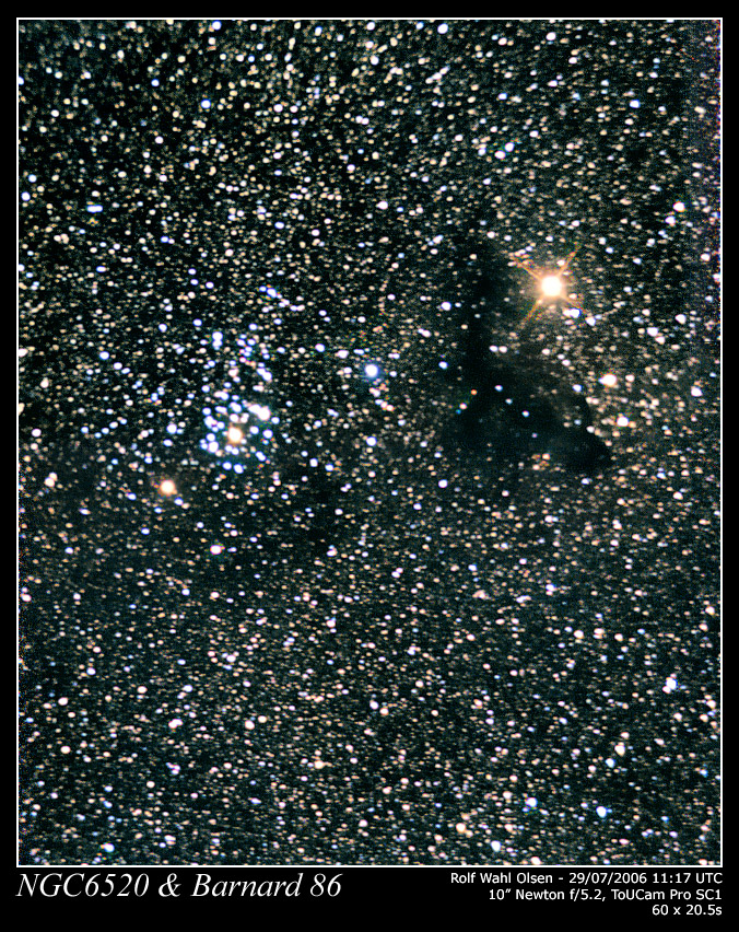 Open cluster NGC6520 and dark nebula Barnard 86