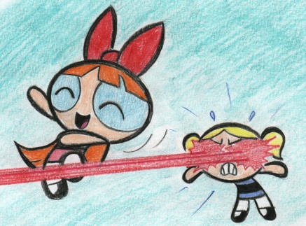 Bubbles screamed in rage and flew at Blossom, firing her eye-lasers.