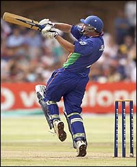 Mengo's Kirigwajjo Abbas smashes the ball to the boundary on the way to a brilliant 85 off 86 balls