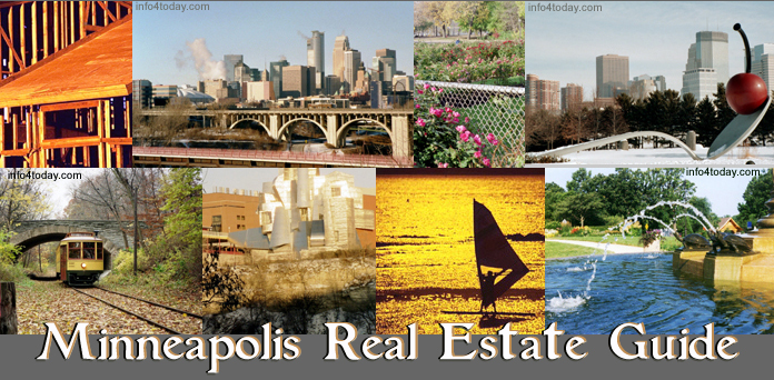 Minneapolis Real Estate Guide - Info4today.  Left to Right, Top Row: Housing construction, Downtown Minneapolis,  a fence at the Lyndale Rose Garden on the east side of Lake Harriet, the Minneapolis Sculpture Garden.  Bottom Row, Left to Right: Lake Harriet Streetcar and an architecturally significant bridge in the background. The Frederick R. Weisman Art Museum overlooking the Mississippi River at the University of Minnesota,  a person on a sailboard, and the Phelps "Turtle" Fountain at the Lyndale Rose Garden.