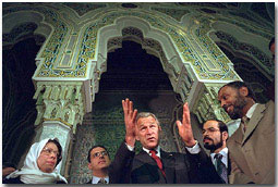 President Bush with Muslim leaders at Islamic Center in Washington, DC.  Second from right is Nihad Awad, Executive Director of the Hamas front CAIR; the woman is also with CAIR.  From the Web Site of the White House