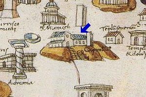 the Capitolium Hill with the medieval Palazzo Senatorio (arrow) and S.Maria d'Aracoeli, in a map of Rome dated 1472