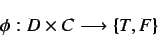 \begin{displaymath}
\phi: D \times C \longrightarrow \{T, F\}
\end{displaymath}