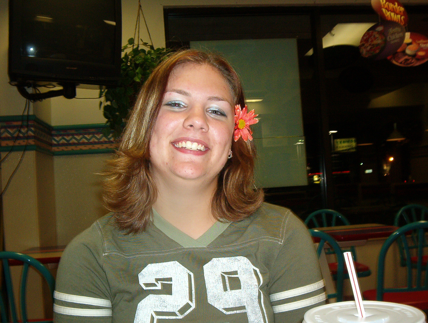 Here's Rachel at Taco Bell....we had pretty flowers in our hair :)  