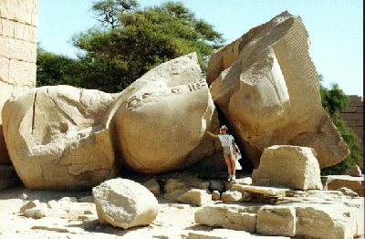 Val Isaacs near the broken colossus at the Ramesseum Temple in Upper Egypt