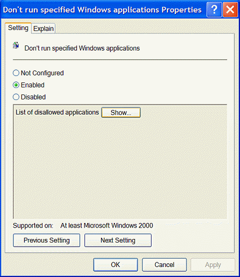 Don't run specified Windows applications Properties