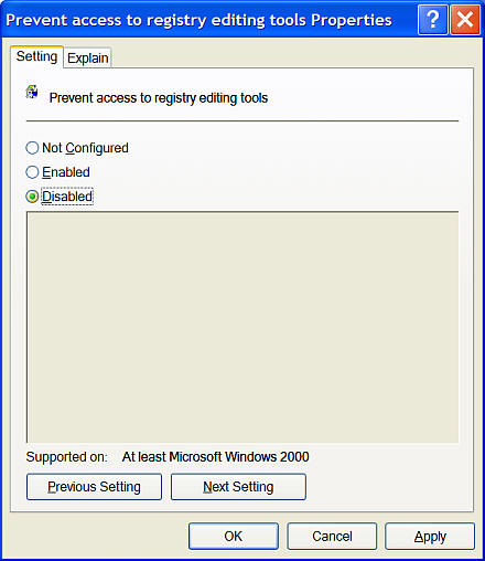 Group Policy editor: Prevent access to reg editing tools properties