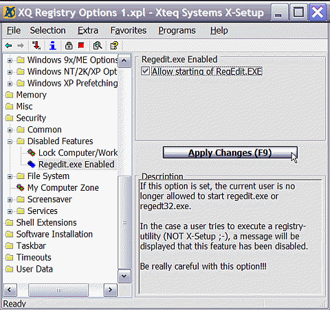 Xteq System XSetup: allow regedit.exe