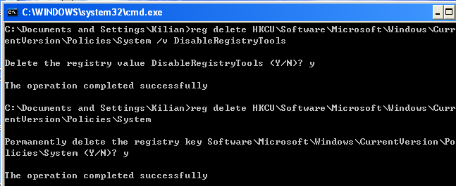 Reg delete command to unlock the registry