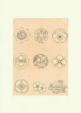 woodblock print with kimono crests (kamon)