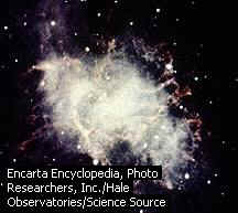 An exploding supernova star leaves behind a rapidly expanding cloud of gaseous material called a nebula. The Crab Nebula was produced when a star in the Milky Way galaxy exploded. Light from the supernova reached the earth in 1054. At the center of the Crab Nebula, a spinning pulsar star emits light of varying brightness. This illuminates the gaseous particles of the nebula to give a cloudlike appearance.