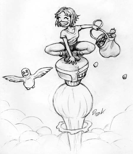 Strawberri, the happy flying girl with the bag of strawberries, full size