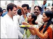 Rahul Gandhi, Nehru's grandson, being marked with the tilak on his forehead at the end of being worshipped as a god in the Aarti ceremony, on the occassion of his first visit to his constituency after becoming a Member of India;s Parliament for Amethi, former United Provinces, India