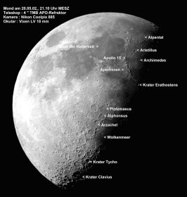 Date: 20. Mai 2002, Time: 21.10 MESZ, Telescope: 4 Zoll / F8  TMB APO Refraktor, Camera: Nikon Coolpix 885, Technik: Okularprojektion am 18mm Vixen LV Okular, Nachbearbeitung : Photo-Shop Pro, 55% verkleinert