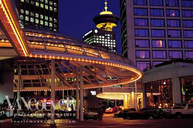 View of Harbour Centre from entrance to the Pan Pacific Hotel