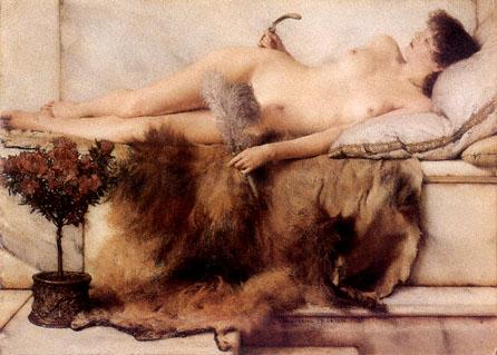 pre-Raphaelite Greek goddess by Alma-Tadema holding sweat strigel