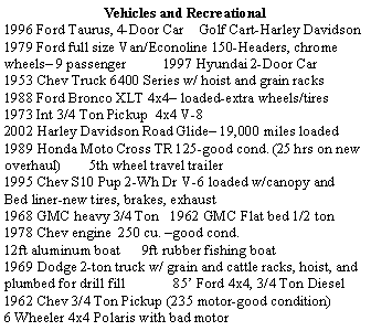 Text Box: Vehicles and Recreational1996 Ford Taurus, 4-Door Car    Golf Cart-Harley Davidson1979 Ford full size Van/Econoline 150-Headers, chrome wheels 9 passenger	1997 Hyundai 2-Door Car1953 Chev Truck 6400 Series w/ hoist and grain racks1988 Ford Bronco XLT 4x4 loaded-extra wheels/tires1973 Int 3/4 Ton Pickup  4x4 V-82002 Harley Davidson Road Glide 19,000 miles loaded1989 Honda Moto Cross TR 125-good cond. (25 hrs on new overhaul)        5th wheel travel trailer1995 Chev S10 Pup 2-Wh Dr V-6 loaded w/canopy and Bed liner-new tires, brakes, exhaust1968 GMC heavy 3/4 Ton   1962 GMC Flat bed 1/2 ton1978 Chev engine  250 cu. good cond.12ft aluminum boat      9ft rubber fishing boat1969 Dodge 2-ton truck w/ grain and cattle racks, hoist, and plumbed for drill fill             85 Ford 4x4, 3/4 Ton Diesel 1962 Chev 3/4 Ton Pickup (235 motor-good condition)6 Wheeler 4x4 Polaris with bad motor