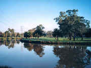 Picnic area, Riverside Park Essendon, viewed from across river in winter