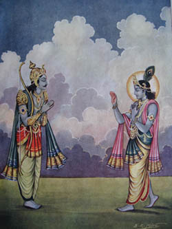 Krishna instrusant Arjuna avant la bataille