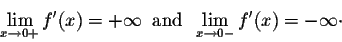 \begin{displaymath}\lim_{x \rightarrow 0+} f'(x) = +\infty \;\;\mbox{and}\;\; \lim_{x \rightarrow 0-} f'(x) = -\infty
\cdot\end{displaymath}