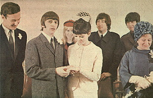 best man Brian Epstein, Richard Starkey, Cynthia Lennon, Mary Cox, John Lennon, George Harrison, Florence Cox