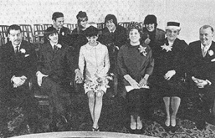 BACK ROW: best man Brian Epstein, Cynthia Lennon, John Lennon, George Harrison.  FRONT ROW: Harry Graves, Richard and Mary Starkey, Florence Cox, Elsie Graves (ne Starkey), Joseph Cox