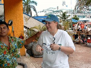 color corrected picture of Elizabeth with parrots