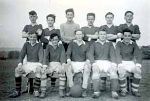 The Class of '54 football team, probably taken in winter 1953. Back from left: Jim Adams, Donald Lamont, Eamonn Drummond, Joe Devine, Laurie McMahon, Robert Graham. Front, from left: Jim Roddy, Peter Gorman, Gerry Bett, Pat Mundy, Isaac McLaren