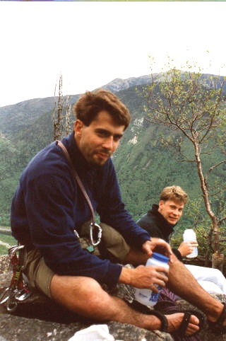Benoit and me relaxing at the top of Cannon Cliff, NH (Rob Jameson photo)