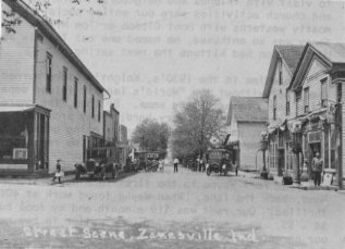 Street scene Zanesville, Indiana circa 1920
