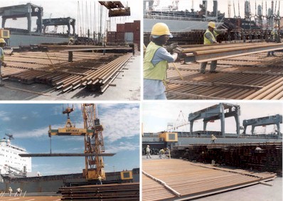 Cuatro momentos de las tareas de descarga de los rieles que, provenientes de Espa�a, arribaron al puerto de Buenos Aires el pasado 9 del corriente. (Fotos: Cortes�a TBA)