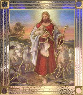 Stained glass picture of The Good Shepherd from Joy's PhotoImpact Gallery.