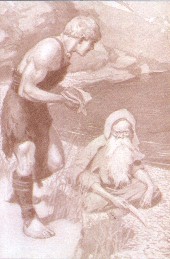 Finegas and young finn  on the banks of the river 