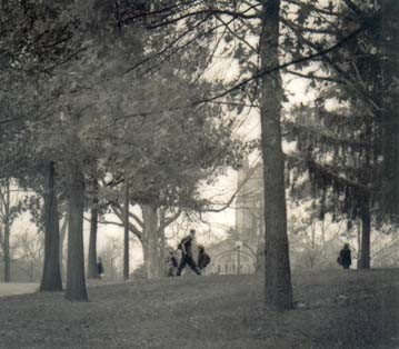 Student going to class at Carleton, 1970s