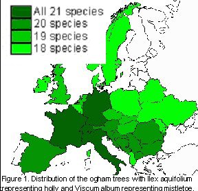 distribution of trees mentioned in ogham, related to Europe, showing a preference for a possible western continental origin.
