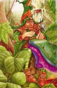 Leprechaun making shoes, leprechaun is derived from leatha bhrogan, or man who makes shoes 