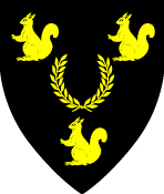 Heraldic device of Carleton's baronial college of Nordleigh with three golden rampant squirrels on a sable shield