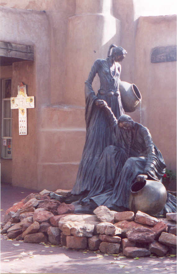 Bronze statue/fountain in front of a Santa Fe art gallery.