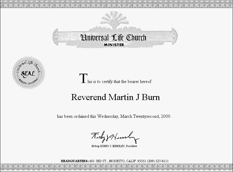 The English Atheist's ordination certificate.