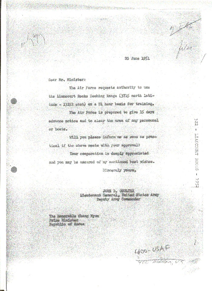 Letter from Lt. Gen. John B. Coulter (Deputy Army Commander, 8th U.S. Army) to ROK PM Chang Myun.